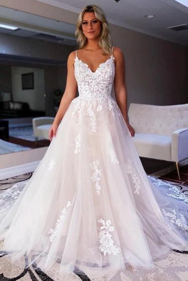 White Tulle Lace Wedding Dress Sleeveless V-Neck Long Dress for Bride_1