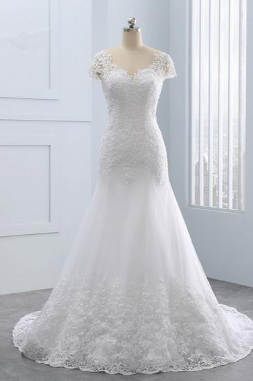 Bradyonlinewholesale Chic Jewel Mermaid Tulle Lace Wedding Dress Short-Sleeves Beadings Appliques Bridal Gowns On Sale