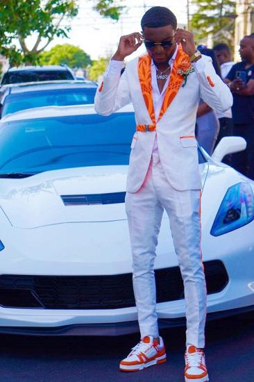 Virgil White Prom Suits With Orange Jacquard Peaked Lapel_1