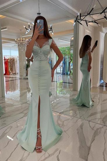 Stunning Mint Green Satin Mermaid Prom Dress Front Split Sweetheart Sequins Rhinestone
