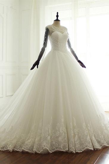 Bradyonlinewholesale Stylish Jewel Long Sleeves Tulle Wedding Dress Pearls Lace Appliques Bridal Gown with Crystals On Sale_3