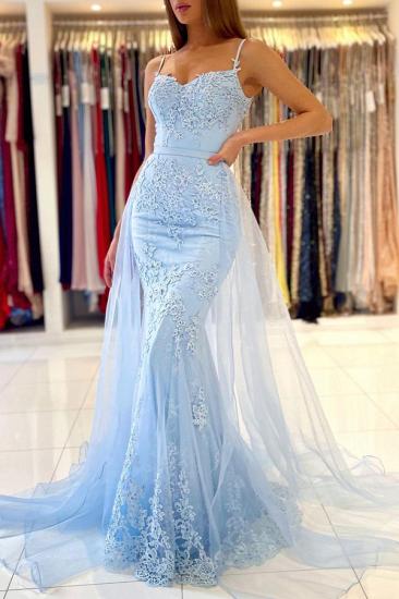 Charming Sky Blue Mermaid Maxi Evenign Dress with Floral Lace Appliques Detachable Train_5