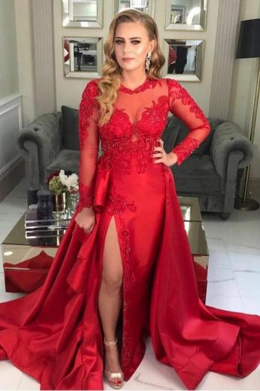 Stylish Long Sleeves Red Evening Dress Lace Appliques with Side Slit_1
