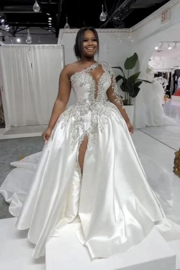Gorgeous One Shoulder Satin Aline Wedding Dresses Beadings Front Split Bridal Gown_3