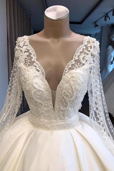Graceful V Neck Long Sleeves Lace Appliqued Beading Bride Dresses | Wedding Party gowns With Zipper And Buttons_2