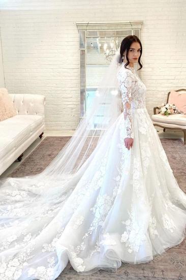 Floral Lace Aline Long Sleeves Floor-Length Wedding Dress_2