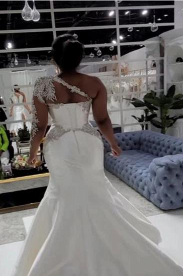 Gorgeous One Shoulder Satin Aline Wedding Dresses Beadings Front Split Bridal Gown_4