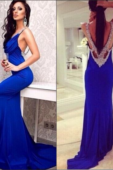 Royal Blue Open Back Sexy Long Evening Dresses With Crystals Sweep Train Prom Dresses_2