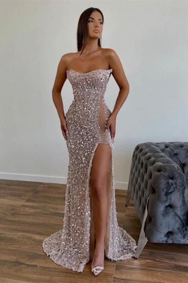 Chic Sequined Floor Length Strapless A-line Prom Dress with Front Slit