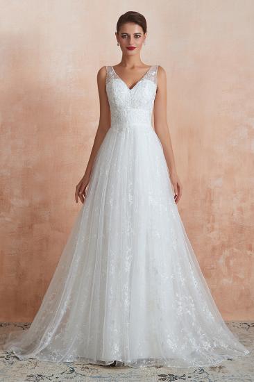 Affordable V-Neck Tulle Lace Long White Wedding Dress_1