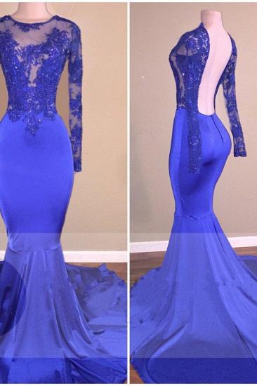 Mermaid Shiny Open Back Evening Gowns Sheer Royal Blue Long-Sleeves Prom Dresses_2
