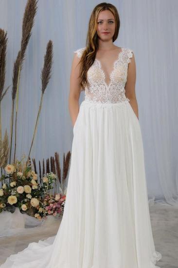Elegant Sleeveless White Simple Chiffon Wedding Dress V-Neck AlineSoft Lace Wedding Dress