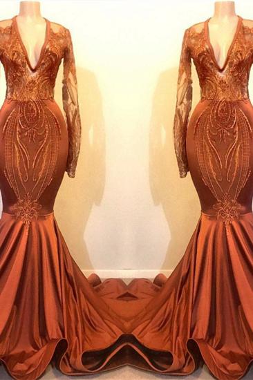 Cheap Dust Orange Mermaid Prom Dresses with Sleeves | V-neck Lace Appliques Real Evening Dress Online_2