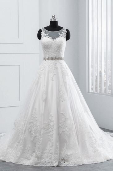 Bradyonlinewholesale Simple Jewel Tulle Lace Wedding Dress A-Line Appliques Beadings Bridal Gowns with Sash Online