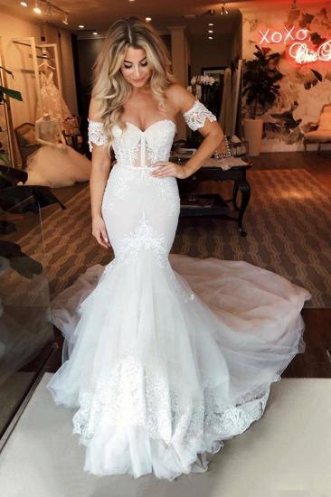 Off-the-Shoulder Puffy Tulle Wedding Dress| Mermaid Appliques Sweep Train Bridal Gowns_1