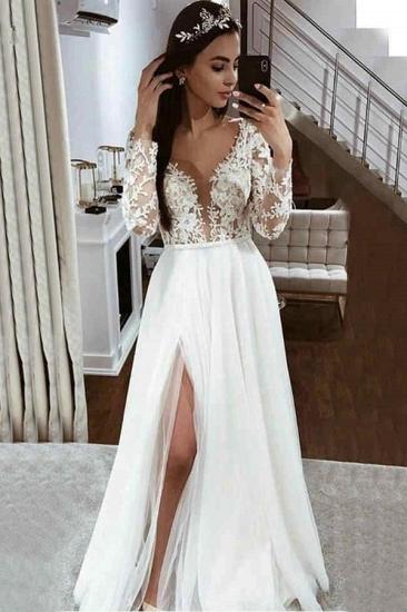Chic Long sleeves Lace Modest High Split A-line Wedding Dresses_2