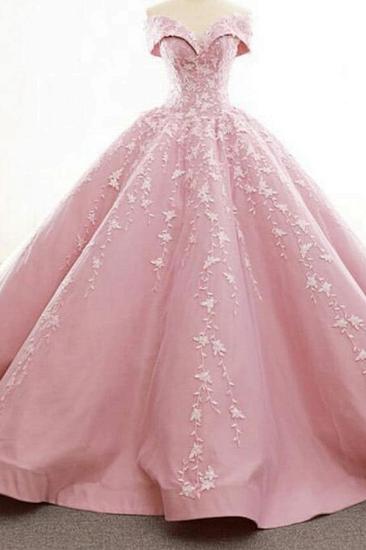 Off Shoulder Pink Ball Gown with White Floral Appliques_2