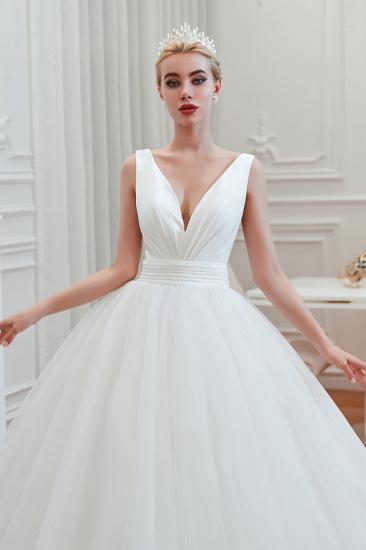 Sexy V-neck sleeveless White Princess Spring Wedding Dress | Elegant Low Back Bridal Gowns with Belt_5