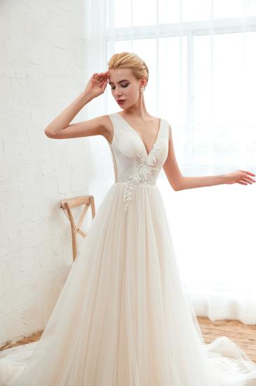 Champange Princess Tulle Wedding Dress with Soft Pleats | Sexy V-neck Low Back Bridal Gowns with Lace Appliques_7