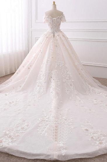 Bradyonlinewholesale Ball Gown V-Neck Tulle Beadings Wedding Dress Lace Appliques Short Sleeves Bridal Gowns with Flowers On Sale_2