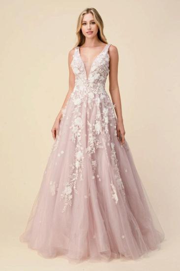 Deep V-NeckWhite Lace Appliques Tulle Formal Dress Evening Dress