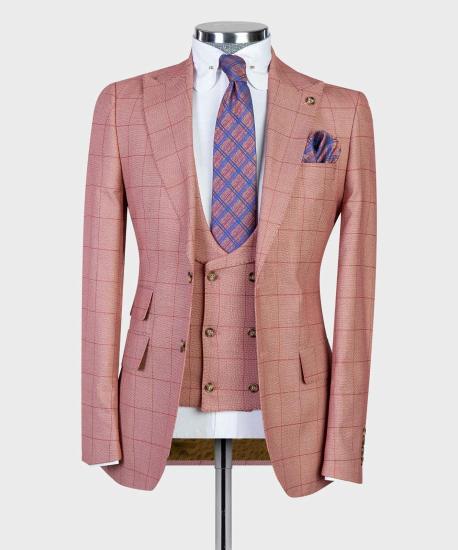 Fashion Pink Plaid Slim Pointed Collar Three-piece Men's Suit_3