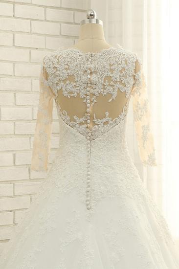Bradyonlinewholesale Elegant A-Line Jewel White Tulle Lace Wedding Dress 3/4 Sleeves Appliques Bridal Gowns with Pearls_2