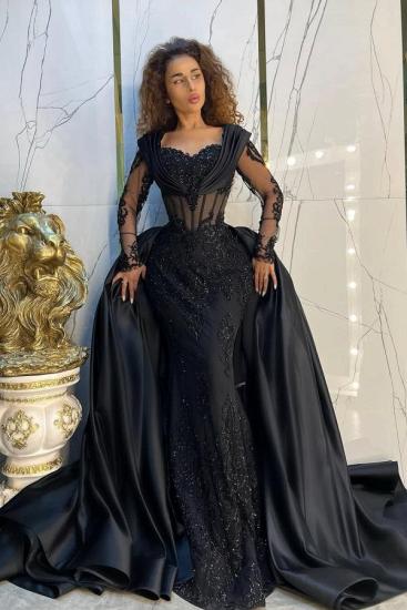 Designer Evening Dresses Long Lace Black Ball Gowns with Sleeves_2