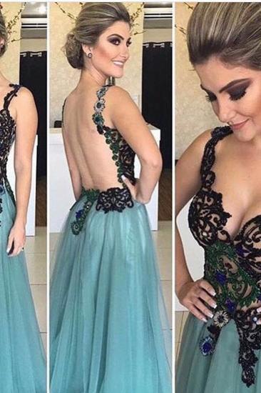 Sexy Sheer Tulle Floor-length Green Evening Dresses_2