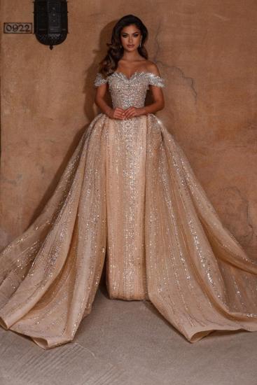Champagne Sparkly Off Shoulder A Line Long Prom Dresses_2