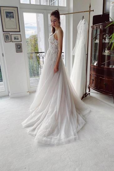 Elegant V-Neck Tulle Aline Wedding Dress Lace Appliques Bridal Dress with Straps_2