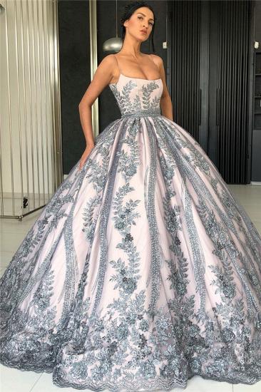 Spaghetti Straps Silver Grey Lace Appliques Evening Dresses | Luxury Princess Ball Gown Prom Dress