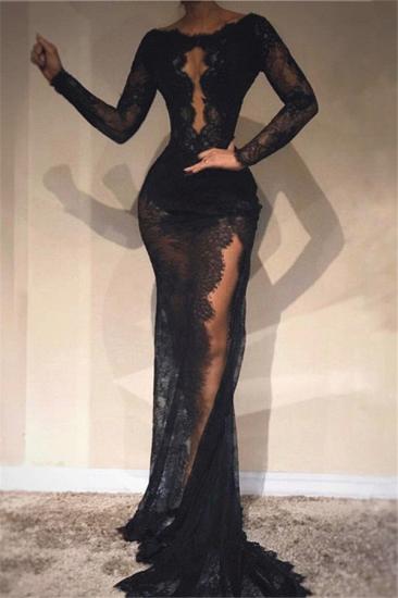 Black Sheath Lace Evening Dresses | Long Sleeves Side Slit Party Dresses_1