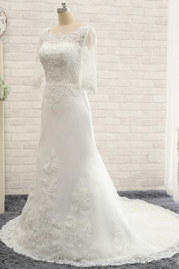 Bradyonlinewholesale Affordable Jewel White Tulle Lace Wedding Dress Half Sleeves Appliques Bridal Gowns Online_3