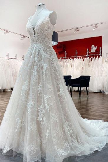 Romantic Deep V Neck Tulle Floral Lace Wedding Dress Sleeveless Aline Dress for Wedding_3