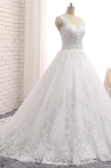 Bradyonlinewholesale Gorgeous V neck Straps Sleeveless Wedding Dresses White A line Lace Bridal Gowns With Appliques Online_3