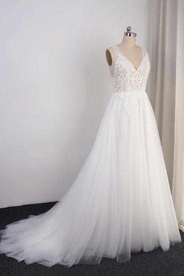 Bradyonlinewholesale Elegant V-neck Tulle White Wedding Dress A-Line Lace Appliques Sleeveless Bridal Gowns On Sale