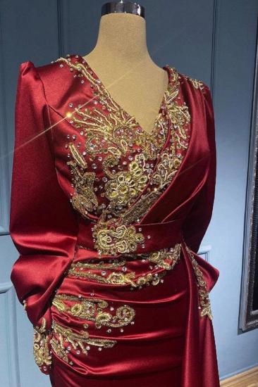 Elegant Long Red Evening Dress with Sleeves | V Neck Crystal Prom Dress_2