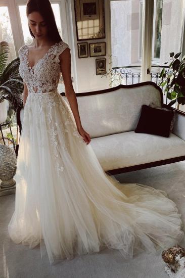 designer wedding dresses v neckline | A line wedding dresses with lace_1