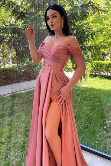 Off-the-Shoulder Ruched Satin Long Evening Party Dress with Side Split_1