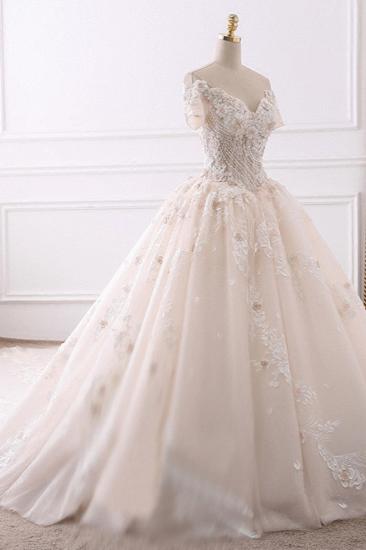 Bradyonlinewholesale Ball Gown V-Neck Tulle Beadings Wedding Dress Lace Appliques Short Sleeves Bridal Gowns with Flowers On Sale_3