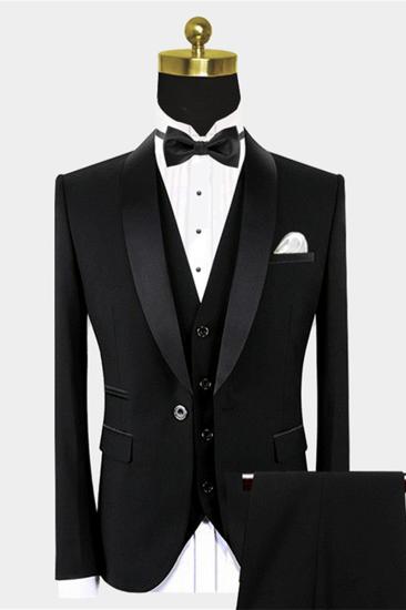 Traditional Black Suits for Groom | Black Satin Shawl Lapel Wedding Tuxedo for Groomsmen - Vincent