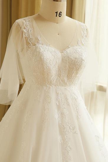 Elegant Plus Size Lace Wedding Dress A-line Floor Length V-neck Tulle Appliques Lace-up Poet Sleeves_3