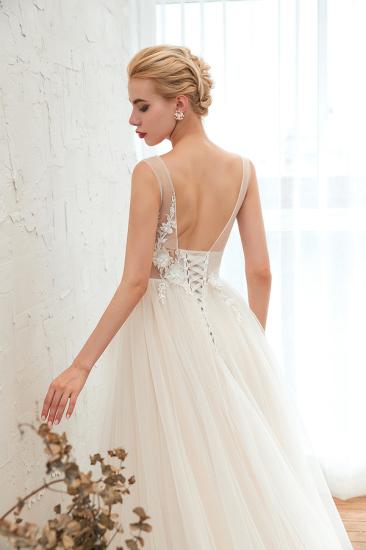 Champange Princess Tulle Wedding Dress with Soft Pleats | Sexy V-neck Low Back Bridal Gowns with Lace Appliques_4