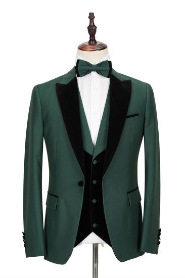 Black Peak Lapel Dark Green Mens Wedding Suit | Velvet Banding Edge Formal Suit