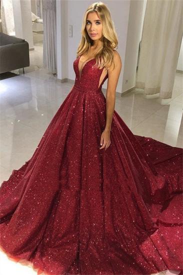 Burgundy A-Line Sequins Evening Gown | Sexy V-Neck Sleeveless Prom Dresses_1