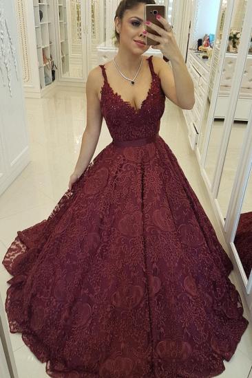 Deep V-neck Burgundy Lace Sexy Evening Dresses | Sleeveless Puffy Ball Gown Cheap Prom Dresses