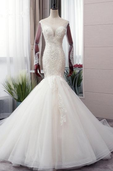 Bradyonlinewholesale Chic Jewel Tulle Mermaid Lace Wedding Dress Pearls Appliques Long Sleeves Bridal Gowns Online_1