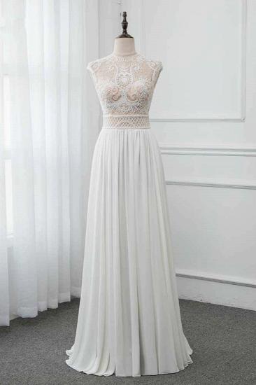 Bradyonlinewholesale Chic Jewel Chiffon Ruffle White Wedding Dresses Lace Top Sleeveless Bridal Gowns with Pearls