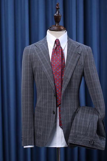 Hogan Elegant Dark Grey Plaid Notched Lapel Slim Fit Tailored Business Suit_2